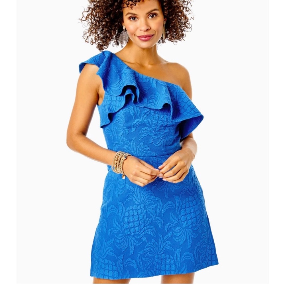 Lilly Pulitzer Blue One-Shoulder Kipton Skirted Romper